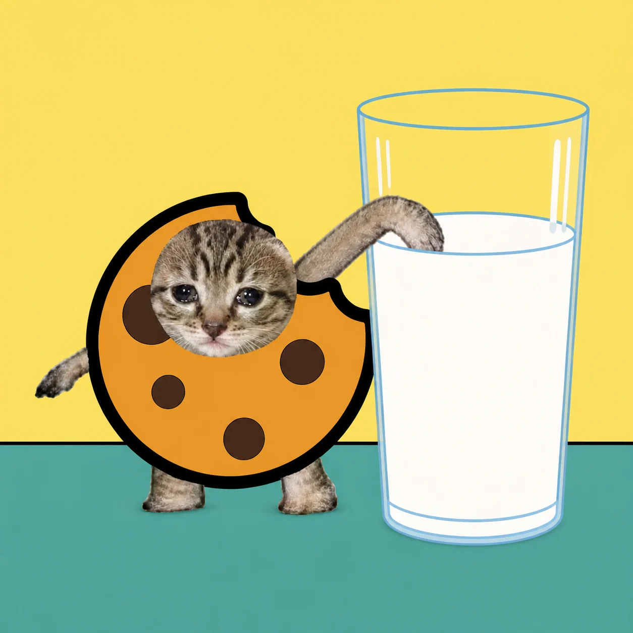 Cookie cat next to a glass of milk