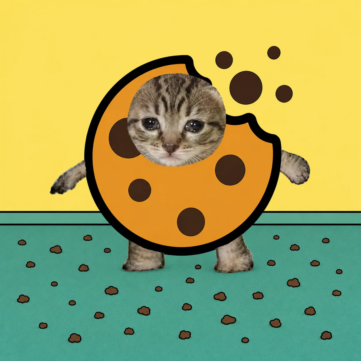 Cookie cat on a carpet of crumbs